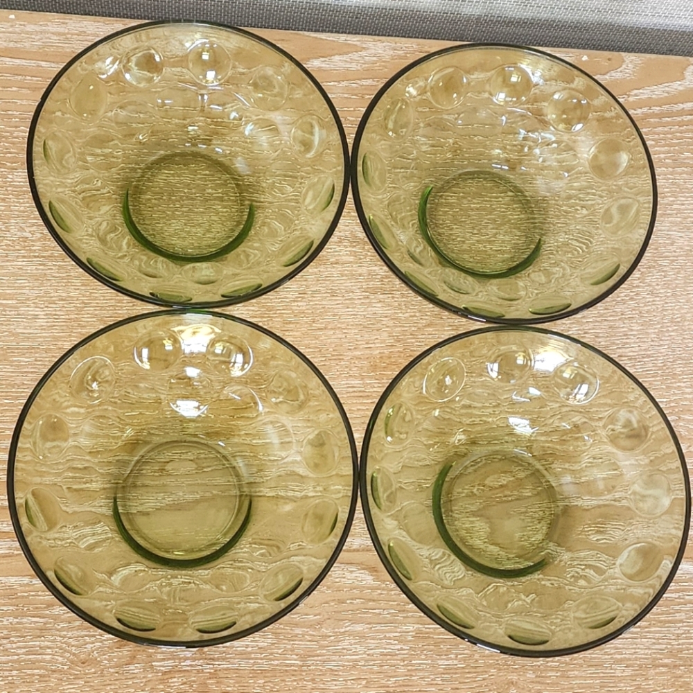 Vintage set of 4, green glass dot dessert dishes